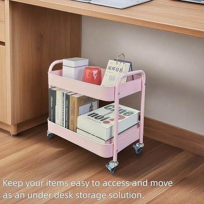 2 Tier Pink Rolling Cart with Wheels for Under Desk Storage, Large Capacity Rolling Pantry & Kitchen Storage Cart for Small Space, Sturdy Metal Bathroom Shelf Laundry Room Organization - ModernBath