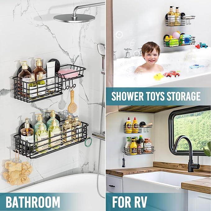 TAILI Shower Caddy Suction Cup 2 Pack with Hooks & Soap holder, Heavy Duty Shower Organizer for Bathroom, No Drilling Bathroom Organizer with Large Capacity, Black Metal Storage Basket - ModernBath