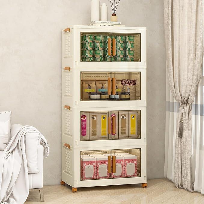 Plastic Stackable Storage Bins with Lids and Wheels, 180QT-45QT*4Tier Foldable Closet Organizers and Containers, Collapsible Clear Drawer Storage Cabinet with Doors Ivory White - ModernBath