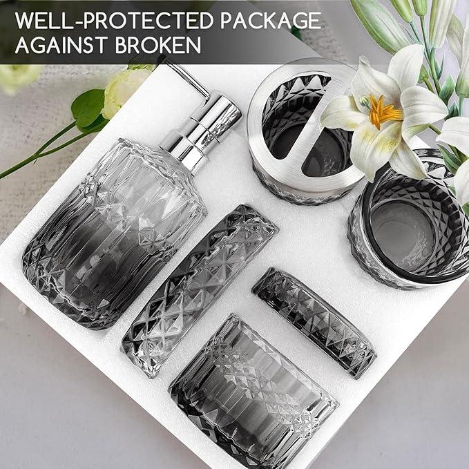 5-Piece Bathroom Accessory Set, Diamond Glass Bathroom Soap Lotion Dispenser, Toothbrush Holder, Tray, Jar, Tumbler, Luxury Vanity Organizer, Elegant Home Decor - ModernBath
