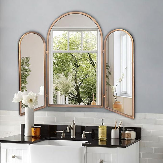 BAODANFU 3 Way Mirror Bathroom, Trifold Vanity Mirrors for Bathroom Bedroom, Large Arch Mirrors Decorative Vintage Gold, Adjustable Makeup Mirror for Braiding Hair 360° Way Tabletop & Wall Mounted - ModernBath