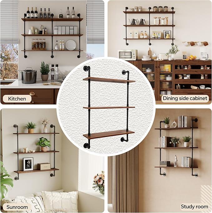 3-Tier Industrial Pipe Floating Shelf – Rustic 24 inch Wood Wall-Mounted Storage Shelf for Kitchen Office,Bathroom & Home Decor -Walnut - ModernBath