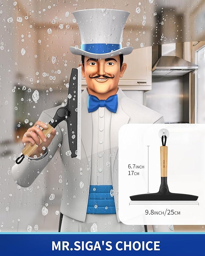 MR.SIGA All Purpose Silicone Squeegee for Shower Door, Mirror, Glass, Streak Free Shower Squeegee, Pivoting Bamboo Handle, Includes 1 Suction Hook, 10 inch Wide, Black, 1 Pack - ModernBath