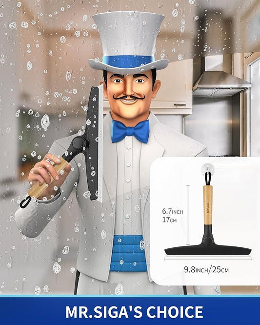 MR.SIGA All Purpose Silicone Squeegee for Shower Door, Mirror, Glass, Streak Free Shower Squeegee, Pivoting Bamboo Handle, Includes 1 Suction Hook, 10 inch Wide, Black, 1 Pack - ModernBath