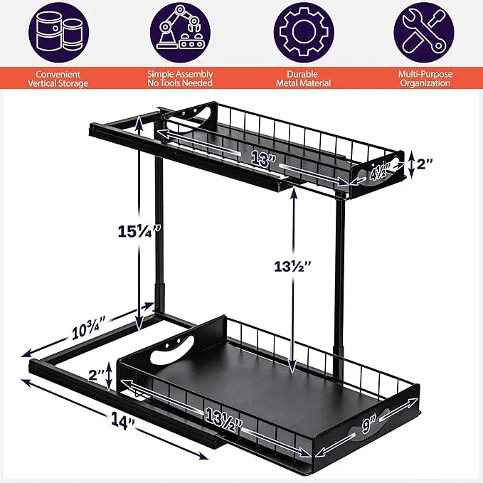 ClearSpace Under Sink Organizer, Pull Out Cabinet Organizer, 2 Pack - 2 Tier Slide Out Organizers and Storage Shelf - Metal Sliding Drawer for Kitchen Bathroom Pantry Cabinet Organization Rack, Black - ModernBath