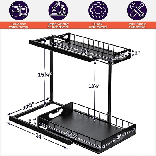 ClearSpace Under Sink Organizer, Pull Out Cabinet Organizer, 2 Pack - 2 Tier Slide Out Organizers and Storage Shelf - Metal Sliding Drawer for Kitchen Bathroom Pantry Cabinet Organization Rack, Black - ModernBath