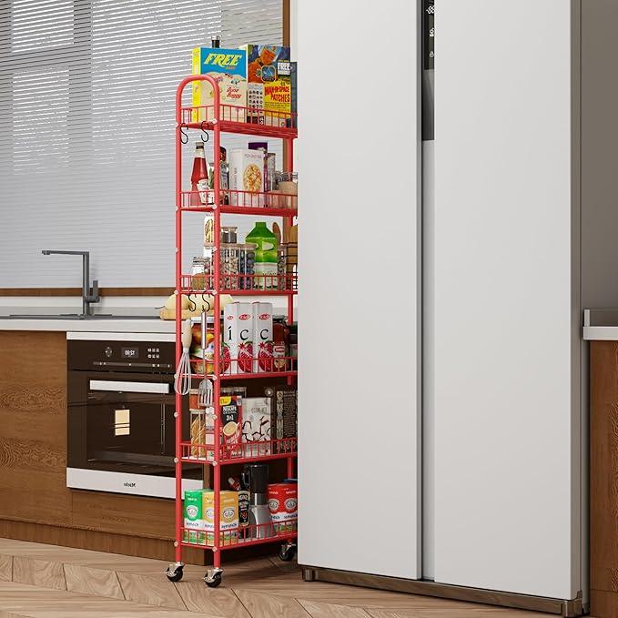 Slim Rolling Storage Cart 6 Tier, Metal Kitchen Rolling Utility Cart with Lockable Wheels for Kitchen, Bathroom, Office, Laundry Room, Small Narrow Spaces (Red 6 Inches) - ModernBath
