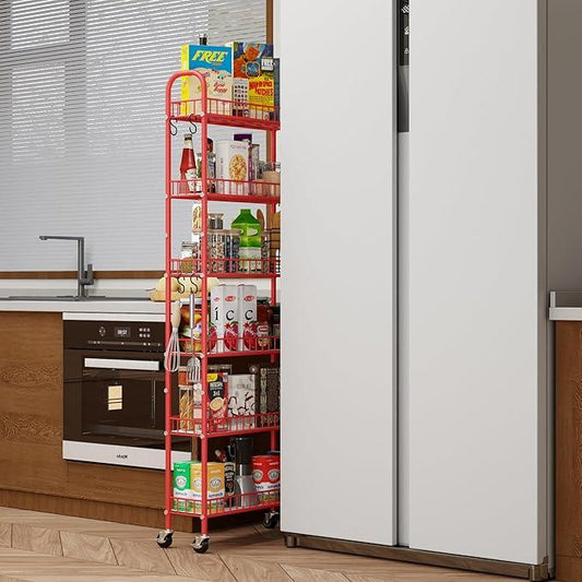 Slim Rolling Storage Cart 6 Tier, Metal Kitchen Rolling Utility Cart with Lockable Wheels for Kitchen, Bathroom, Office, Laundry Room, Small Narrow Spaces (Red 6 Inches) - ModernBath