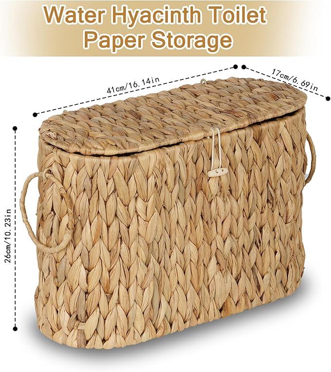 efluky Toilet Paper Storage Basket, Water Hyacinth Slim Toilet Paper Holder with Lid- Holds Up to 9 Mega Rolls, Home Bathroom Decor Organizer - ModernBath
