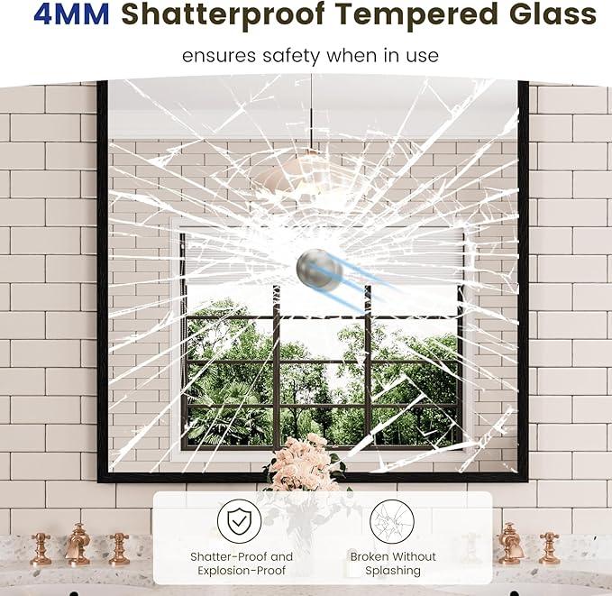WEER 36X36 Inch Black Bathroom Mirror, Matte Black Framed Mirror, Rectangular Wall Mirror, Vanity Mirror for Bathroom, Anti-Rust, Tempered Glass, Hangs Horizontally or Vertically - ModernBath