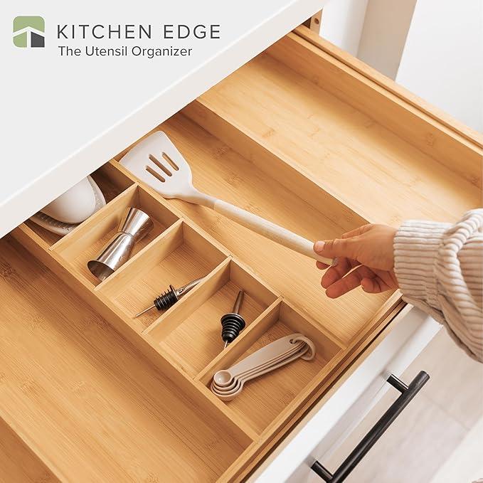 KitchenEdge Adjustable Kitchen Drawer Organizer for Utensils and Junk, Food-Safe Contract Grade with 100% Sustainable Wood, Expandable from 19 to 33 Inches Wide - Natural Bamboo - ModernBath
