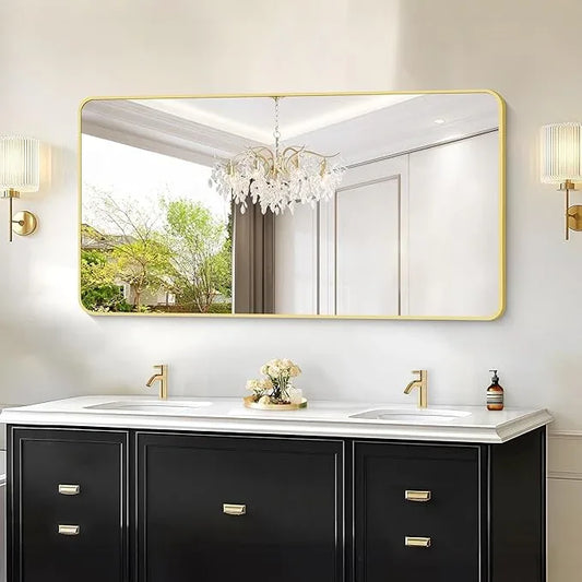 CIVENO 55"x30" Gold Bathroom Mirror, Large Rectangle Mirror, Rectangular Wall Mirror, Rounded Corner Vanity Mirror with Aluminum Metal Frame for Bathroom Bedroom Living Room Horizontal/Vertical - ModernBath