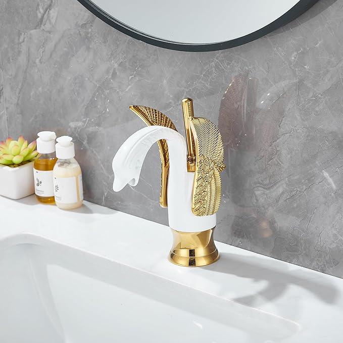 GGStudy Bathroom Faucet White Mixed Gold Swan Single Handle 1 Hole Bathroom Vanity Faucet Basin Tap Deck Mount Lavatory - ModernBath