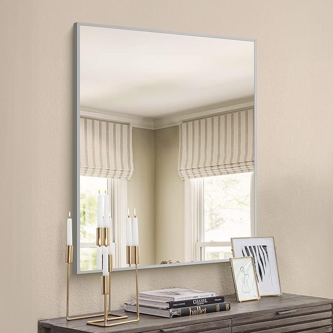 COFENY 30x40In Silver Bathroom Mirror for Wall, Brushed Nickel Rectangle Mirrors with Metal Frame, Bathroom Rectangular Mirror Modern Wall Mirror for Bedroom Living Room, Hangs Horizontal or Vertical - ModernBath