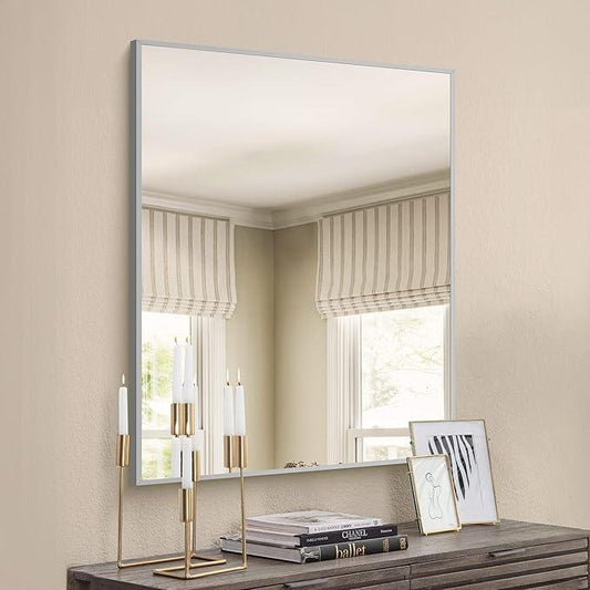 COFENY 30x40In Silver Bathroom Mirror for Wall, Brushed Nickel Rectangle Mirrors with Metal Frame, Bathroom Rectangular Mirror Modern Wall Mirror for Bedroom Living Room, Hangs Horizontal or Vertical - ModernBath