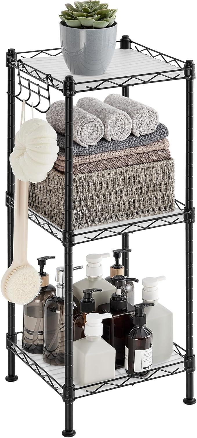 SONGMICS 3-Tier Bathroom Shelf, Storage Rack for Small Space, with 3 PP Shelf Liners, Removable Hook, Extendable Design, Ink Black and Translucent ULGR103B01 - ModernBath