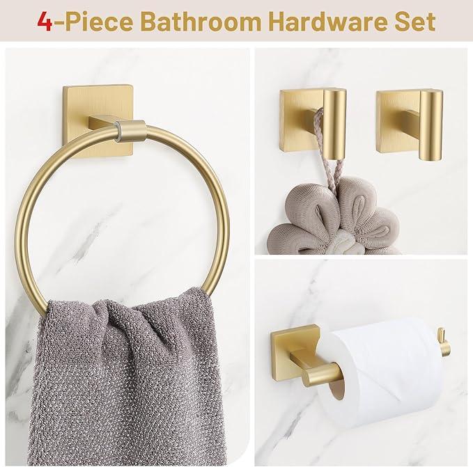 Towel Ring Set 4 Piece Bathroom Hardware Set Includes Towel Ring 2 Towel Hooks and Toilet Paper Holder Stainless Steel Wall Mounted (Brushed Gold) - ModernBath