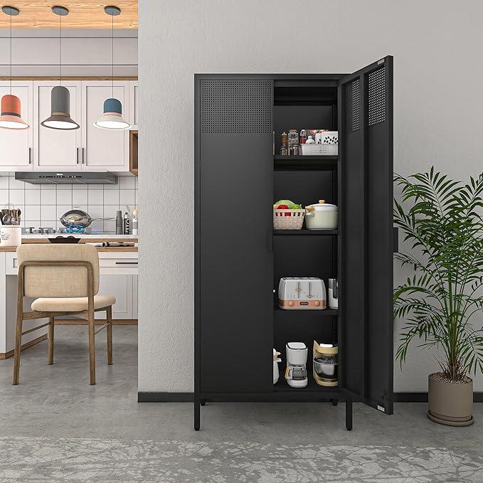COFaR 4 Tier Black Metal Storage Cabinet, Free Standing with 2 Doors, 3 Adjustable Shelves and Legs, Cupboard Metal Cabinet for Living Room, Kitchen, Dining Room, Office - ModernBath