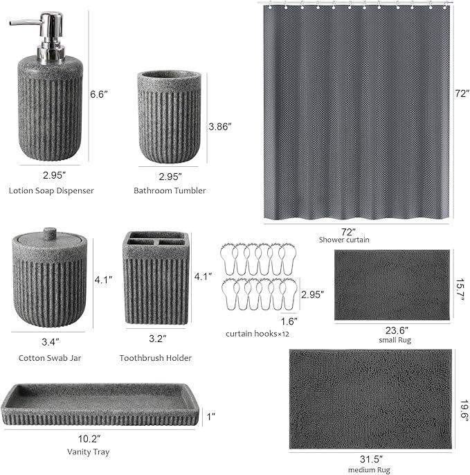 XLHOMO 8-Piece Grey Bathroom Set - Resin Bathroom Accessories Sets Complete with Shower Curtain and Rugs, Soap Dispenser, Toothbrush Holder, Tumbler & Apothecary Jars - ModernBath