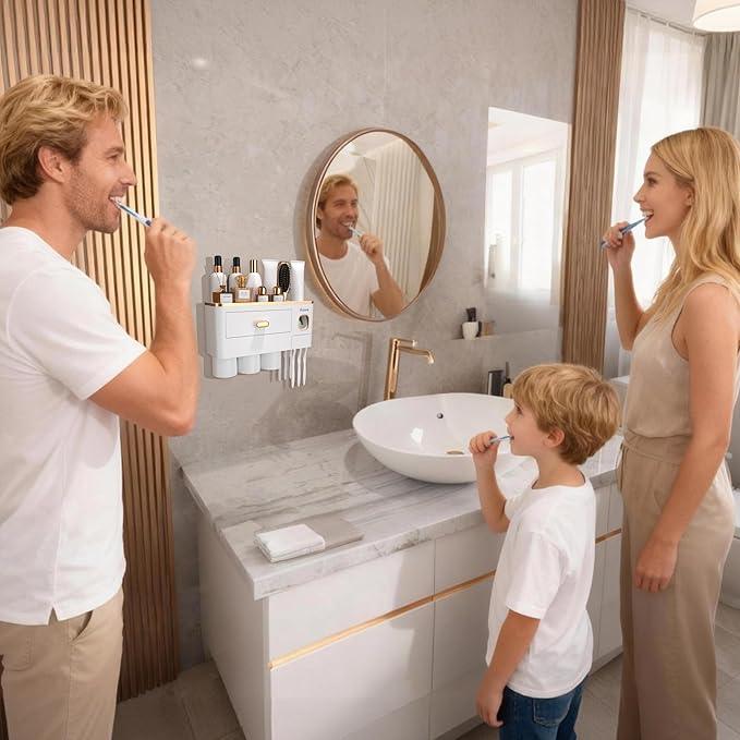 iHave Toothbrush Holders Wall Mounted with Toothpaste Dispenser & 3 Cups - Premium White and Gold Design for Bathroom Decor, All-in-One Bathroom Organizers & Storage for Toothbrushes and Accessories - ModernBath