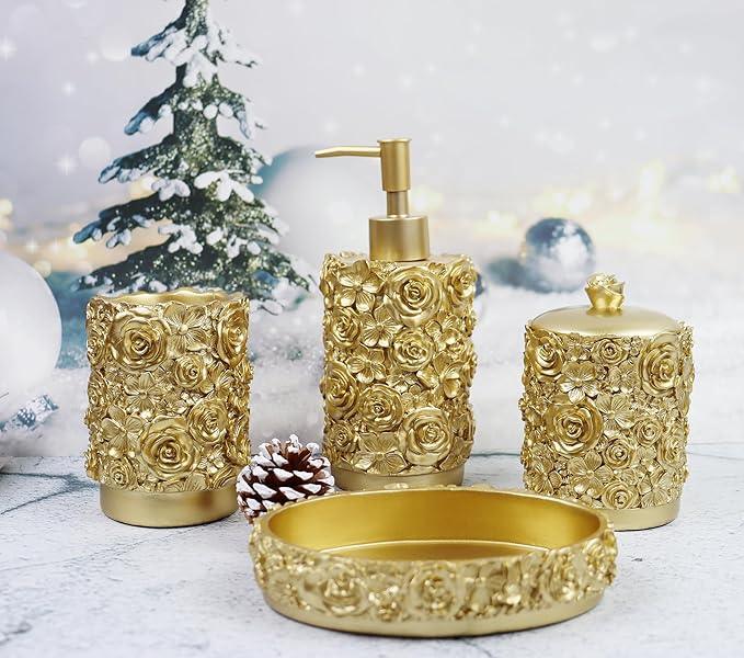 Hymmah Gold Bathroom Accessories Set,Rose Design Bathroom Set,Farmhouse Bathroom Decor,4 Pcs Resin Gift Set Apartment Necessities, Contain Cotton Swab Jar,Soap Dispenser,Soap Dish,Tumbler White - ModernBath