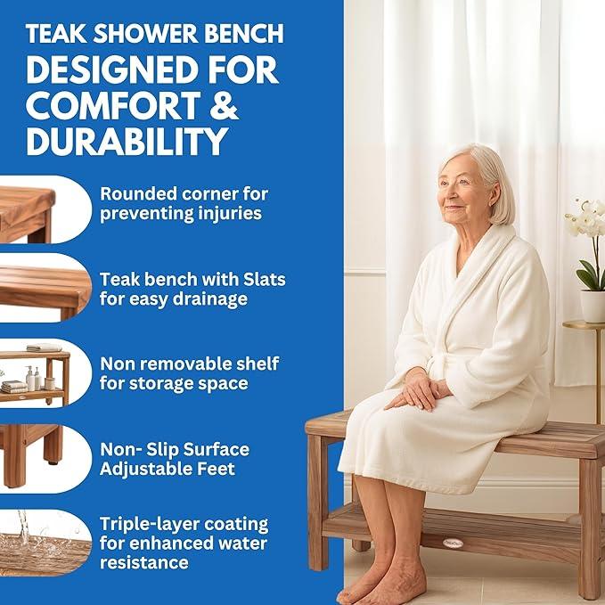 EcoDecors Teak Shower Bench with Large Storage Shelf 36", 300 lb Capacity – Waterproof Bathroom Seat with Non-Slip Feet, Elegant Natural Teak Finish, Ideal for Adults, Seniors, & Spa-Style Bathrooms - ModernBath