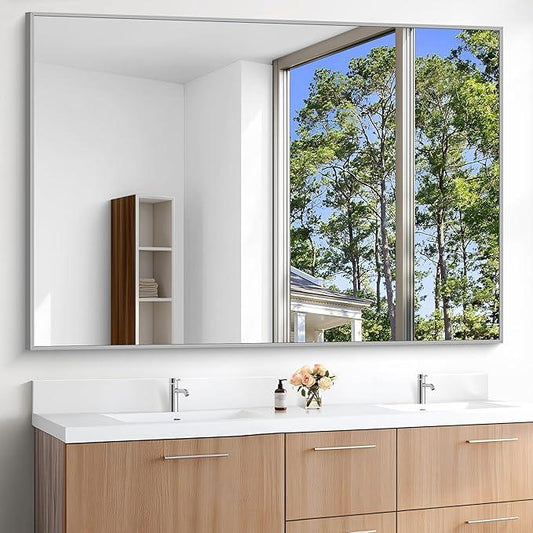 KOCUUY Silver Bathroom Mirror, 60"x40" Large Rectangle Bathroom Mirror for Wall, HD Tempered Glass, Anti-Rust Brushed Silver Frame, Modern Design for Bathroom, Bedroom, Hang Horizontal/Vertical - ModernBath