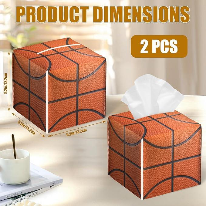 Basketball Tissue Box Cover 2PCS, Sport Ball Leather Tissue Box Holder Square Facial Paper Case Tissue Box Cube Organizer for Bathroom Bedroom Desk Office - ModernBath