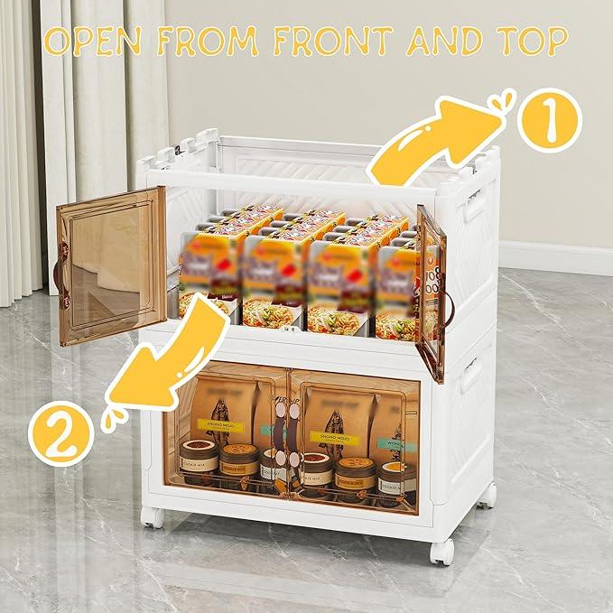 Storage Bins with Lids and Wheels, 90QT-45QT*2Tier Collapsible Bathroom Storage Cabinet with Clear Doors, Plastic Stackable Closet Organizers and Containers White - ModernBath