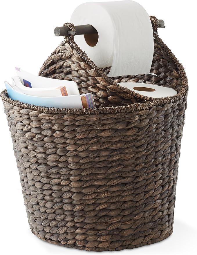 Casafield Toilet Paper Roll Storage Basket with Magazine Holder, Espresso - Woven Water Hyacinth Wicker Bathroom Bin for Bath Tissue and Toiletries - ModernBath