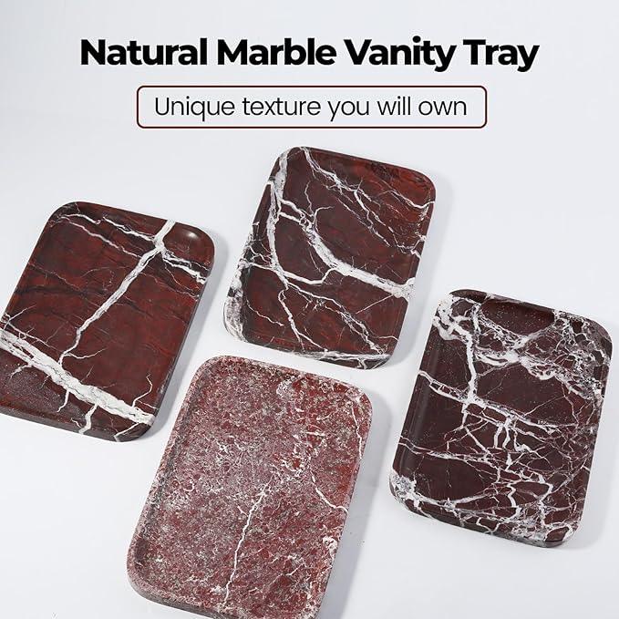 Marble Vanity Tray, 11.8in Stone Bathroom Tray for Countertop, Red Decorative Tray for Dresser Organizer, Luxury Serving Tray for Kitchen, Storage Dish for Kitchen Sink, Perfume, Jewelry Holder - ModernBath