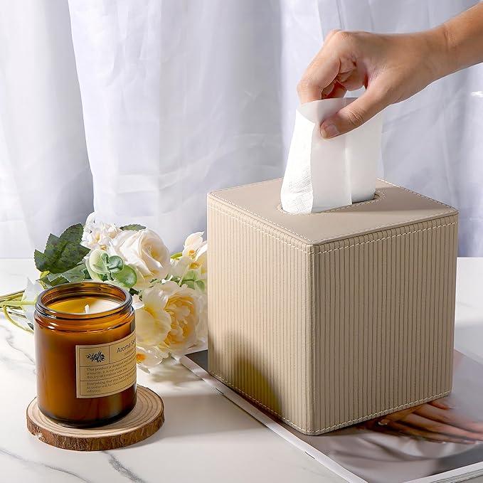 DODAMOUR Vertical Stripe Tissue Box Cover Cube – Ribbed PU Leather Square Holder, Magnetic Bottom Napkin Dispenser for Modern Home Office, Bedroom Nightstand (Khaki) - ModernBath