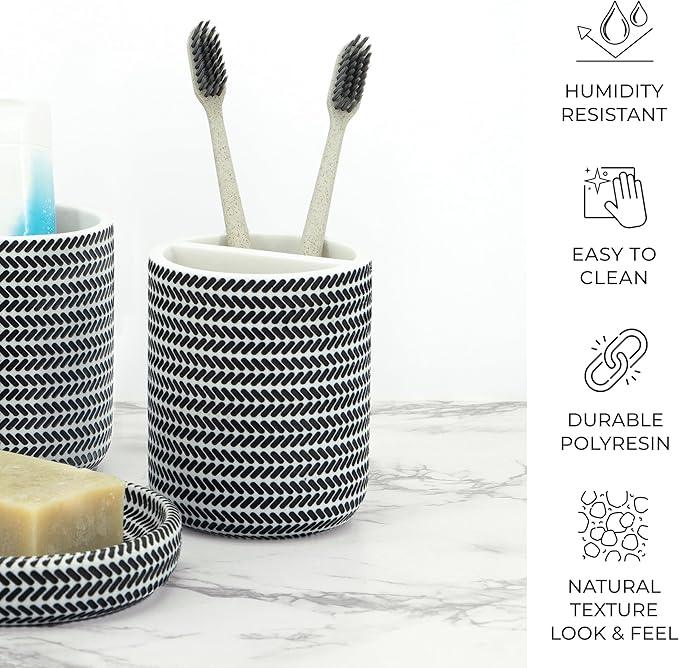 ZCCZ Black and White Bathroom Accessories Set, 4 Pieces - Toothbrush Holder, Soap Dispenser, Vanity Tray, Tumbler - Countertop Organizer for Bathroom Decor - Modern Accessory Set for Home and Office - ModernBath
