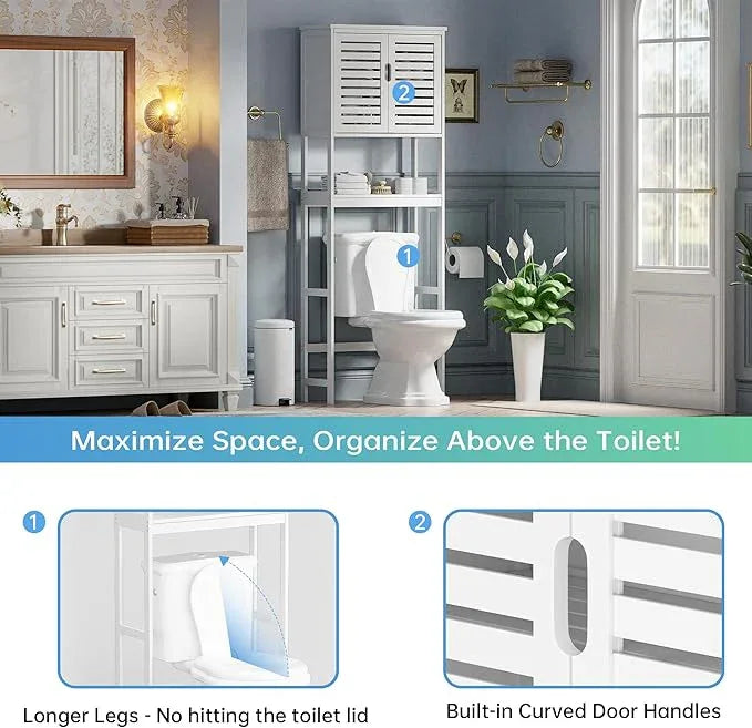 SMIBUY Bathroom Over The Toilet Storage Cabinet, 2 Door Bamboo Cabinet Organizer, Freestanding Space Saver Toilet Rack with Adjustable Inside Shelf and Open Shelf (White) - ModernBath