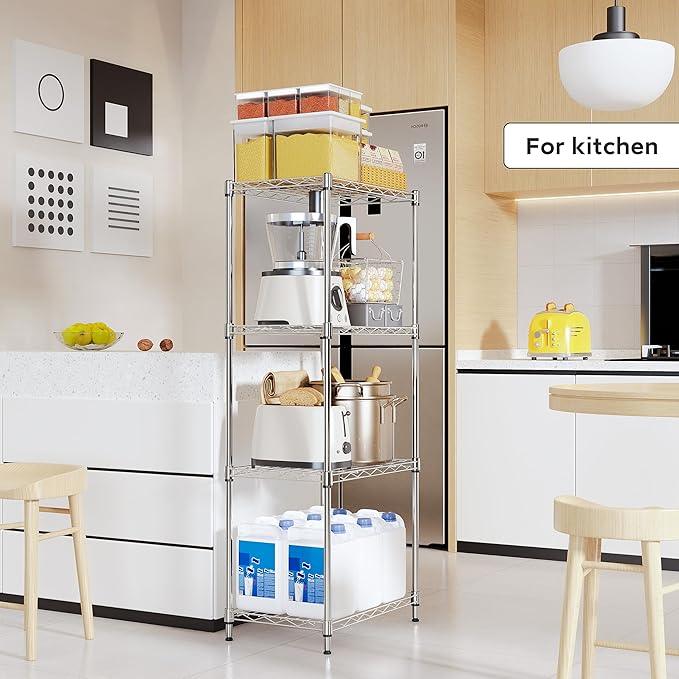 4 Tiers Shelf Metal Storage Shelves Wire Rack Closet Organizers with Wheel for Garage Kitchen Bathroom Laundry Chrome 11.8" D x 17.7" W x 41.9" H - ModernBath