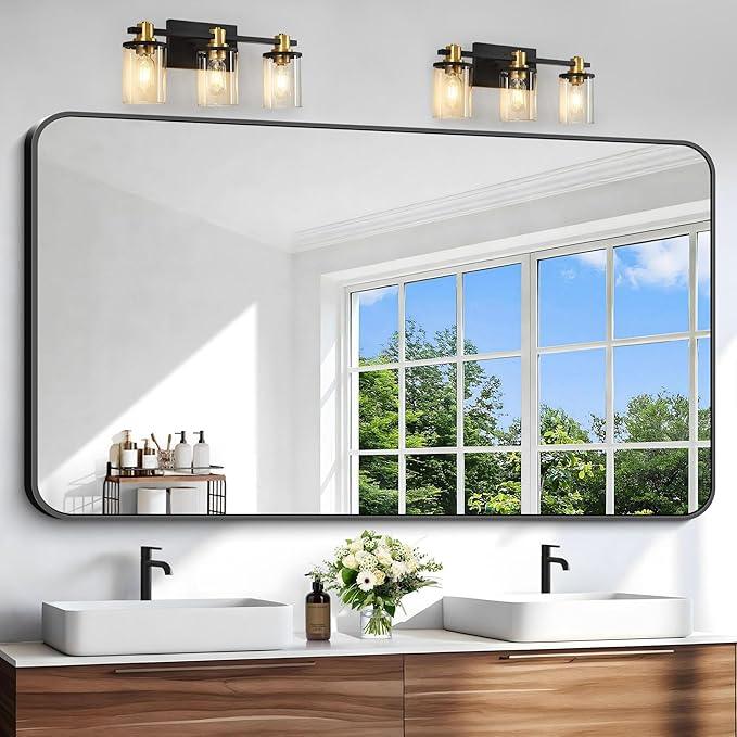 CIVENO Black Bathroom Mirror, 66x36 inch Aluminum Metal Frame Rectangular Vanity Mirror, Large Wall Mounted Rectangle Mirrors with Rounded Corner for Over Sink Bedroom Living Room Horizontal/Vertical - ModernBath