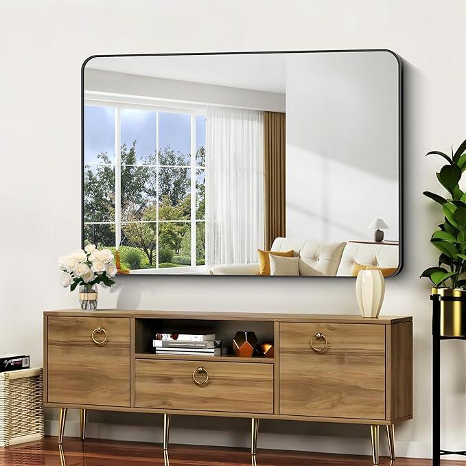 CIVENO Bathroom Mirror, 48x36 inch Black Rectangle Wall Mirror, Metal Frame Rounded Corner Vanity Mirror, Large Wall Mounted Mirror for Over Sink Bedroom Living Room Horizontal Or Vertical Mounting - ModernBath