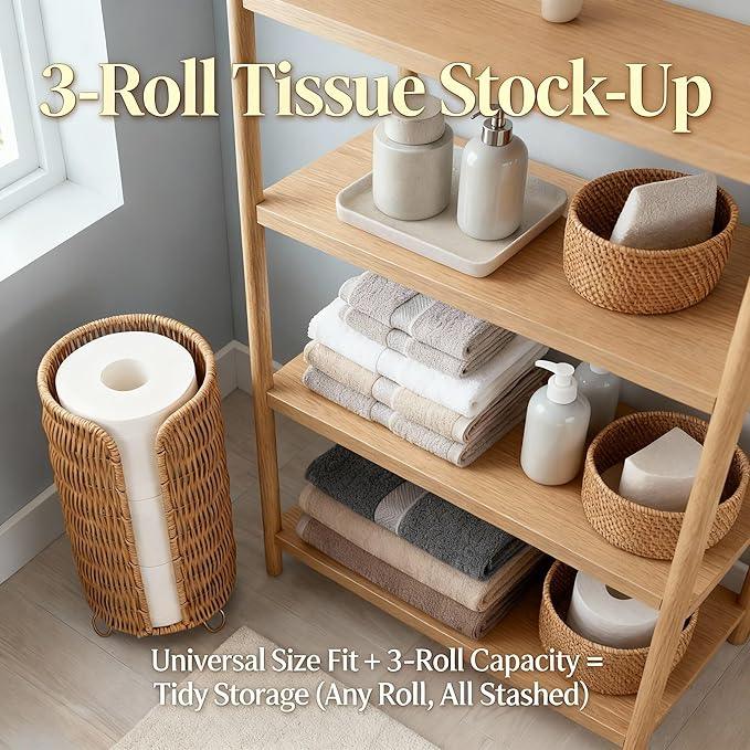 Boho Toilet Paper Holder Stand with PP Rattan & Metal Frame, 3-Roll Toilet Paper Storage Basket, Freestanding Organizer for Bathroom (Natural Brown) - ModernBath