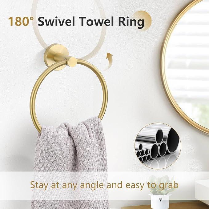 TNOMS 5-Piece Towel Bar Set Brushed Gold Bathroom Hardware Accessories Set Include 23.6in Towel Bar Toilet Paper Holder Towel Ring Upgraded Towel Hooks Towel Holder Set Stainless Steel Wall Mounted - ModernBath