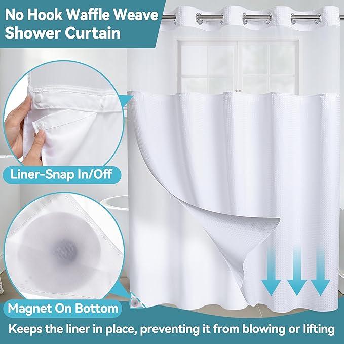 Conbo Mio Stall No Hook Waffle Weave Shower Curtain with Snap in Liner Set, Hotel Luxury White Shower Curtains for Bathroom with See Through Top Window, Waterproof, Washable 54W x 74H - ModernBath