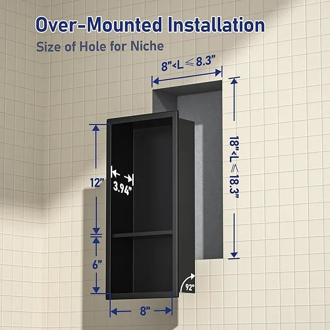 Stainless Steel Shower Niche 8"×18" with Shelf Matte Black No Tiled Needed Niche Shower for Bathroom Wall Recessed Shower Shelf for Bathroom Storage - ModernBath