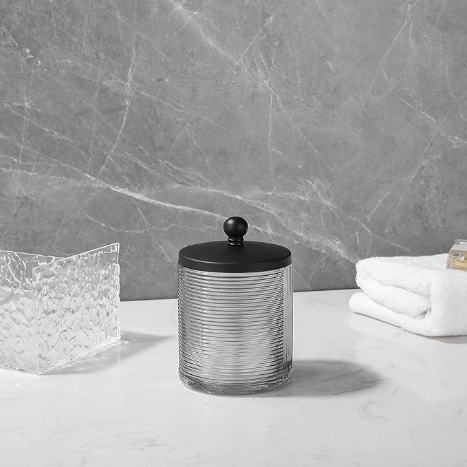 Indecor Home Gray Colored Tranlucent Apothecary Ribbed Geo Etched Glass Jar W/Matte Black Metal Lid Cover for Bathroom Organization, Cotton Balls, Q Tips, and Small Accessories, Bathroom Storage - ModernBath