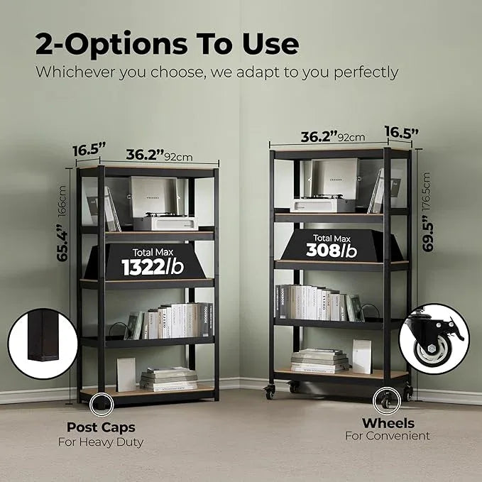 HOMEDANT House 36.2" 5-Tier Metal Rolling Cart Shelf Rack Casters Heavy Duty Laminated Wheel Shelving Unit Adjustable Utility Storage Shelves Shelf Kitchen Garage Black 1Pack - ModernBath