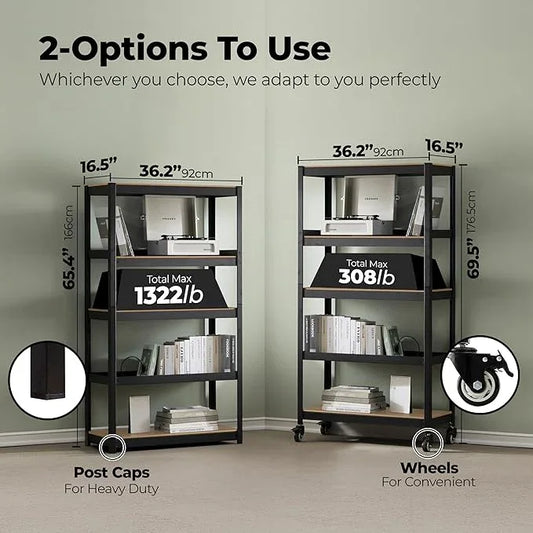 HOMEDANT House 36.2" 5-Tier Metal Rolling Cart Shelf Rack Casters Heavy Duty Laminated Wheel Shelving Unit Adjustable Utility Storage Shelves Shelf Kitchen Garage Black 1Pack - ModernBath