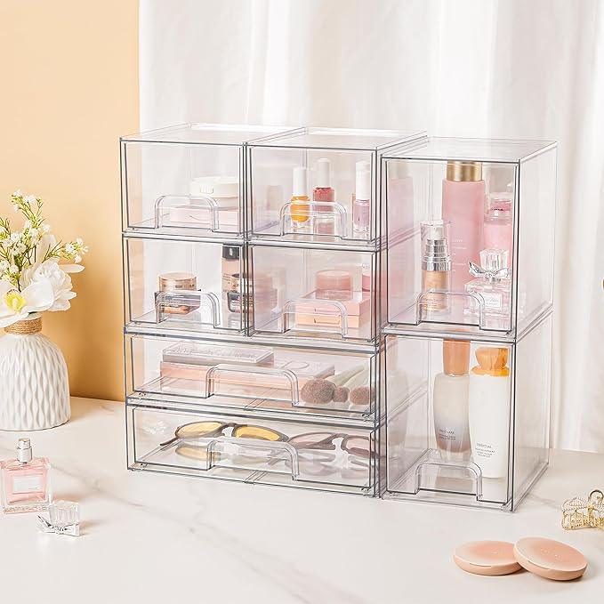 Vtopmart Stackable Storage Drawers Set of 8, Clear Plastic Organizer Bins for Bathroom Supplies,Ideal for Cabinet,Pantry,Laundry Room Organization - ModernBath