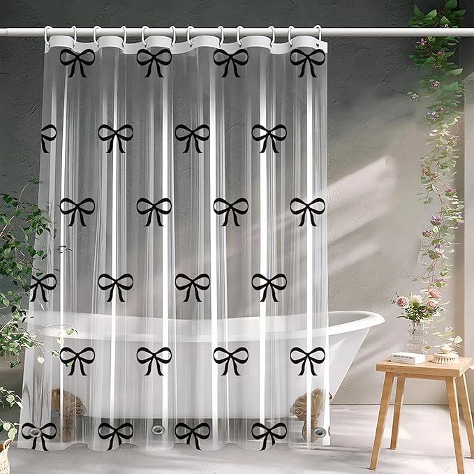 Clear Cute Black Bow Shower Curtain Liner, Plastic Transparent Girly Fancy Shower Curtain, Aesthetic Preppy Shower Curtain Bow Bathroom Decor for Women, 72x78 Shower Curtain Set with Magnets 12 Hooks - ModernBath