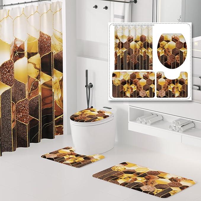 XLHOMO Bathroom Sets with Shower Curtain and Rugs - 4PC Brown Geometric Shower Curtain Set with 12 Hooks, Toilet Cover, U-Shaped Mat and Rugs Modern Abstract Bathroom Accessories for Bathroom - ModernBath