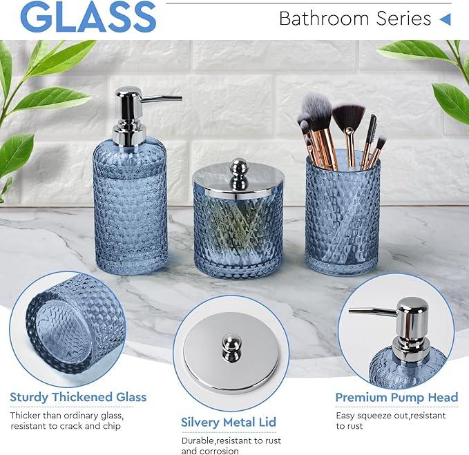 Bathroom Accessories Set,4 Pcs Blue Glass Bathroom Accessories Sets-Lotion Soap Dispenser,Toothbrush Holder,Qtip Holder Dispenser & Resin Vanity Tray,Countertop Vanity Organizer,Blue - ModernBath