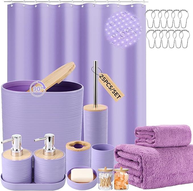 XLHOMO Purple Bathroom Set, Purple Bathroom Accessories Set with Shower Curtain, Bath Towel Set, Trash Can, 2PCS Soap Dispensers, Soap Dish, Toothbrush Holder and Cup,Toilet Brush for Bathroom Decor - ModernBath