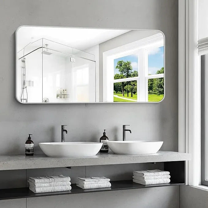 CIVENO 48x24 Inch Silver Bathroom Mirror, Metal Framed Silver Rectangle Mirror, Rounded Rectangular Vanity Mirror, Wall Mounted Mirrors for Living Room Bedroom Entryway Hangs Horizontal or Vertical - ModernBath